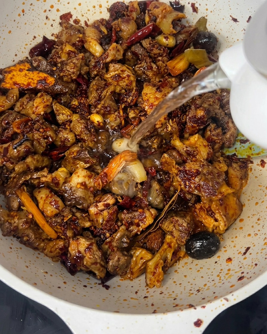 Un bollitore che versa acqua molto calda in un wok pieno di manzo condito e spezie.