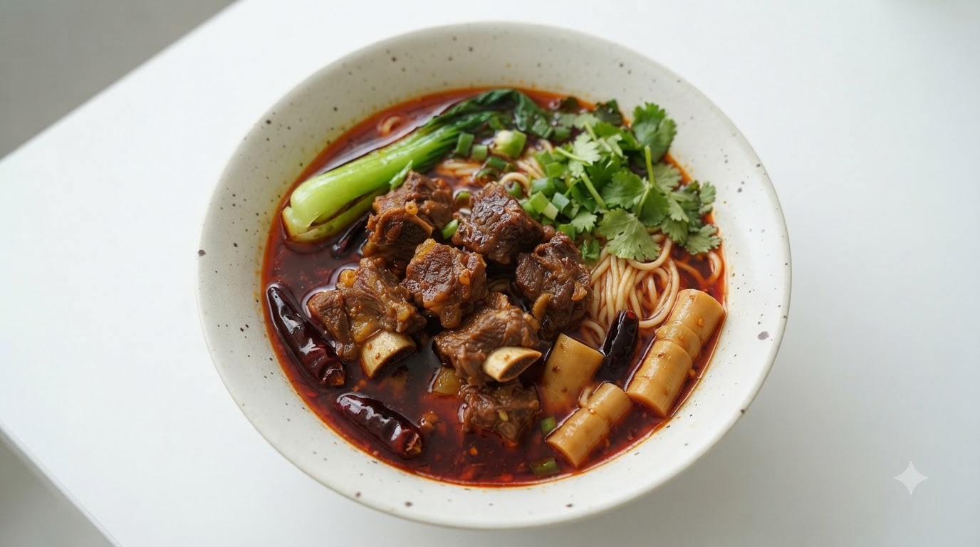 Zuppa di Noodle con Manzo Brasato e Germogli di Bambù