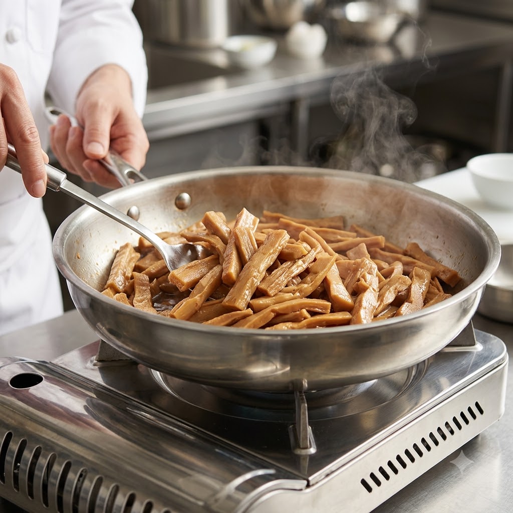Uno chef che mescola i germogli di bambù in una padella di metallo su un fornello portatile con vapore che sale.