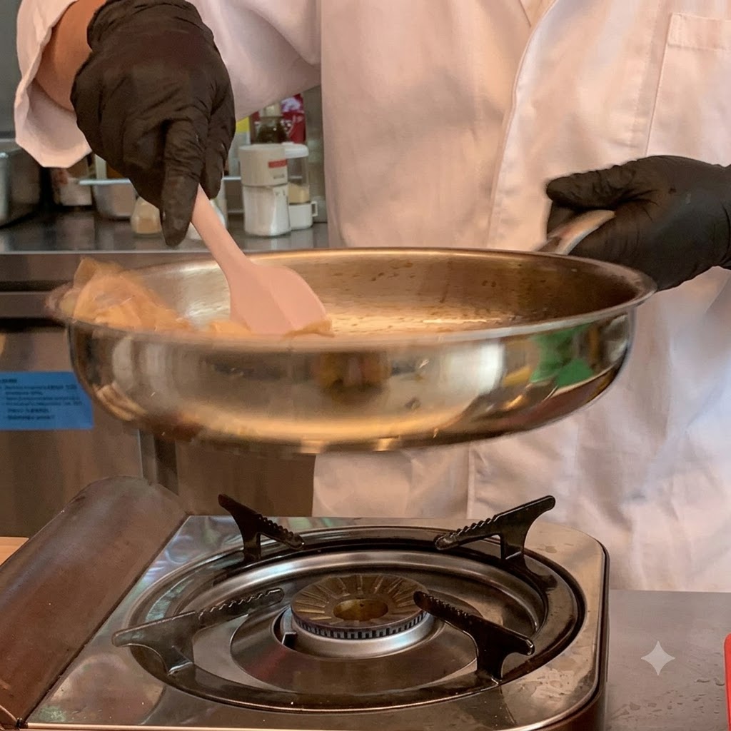 Salsa di soia scura aggiunta ai germogli di bambù che cuociono in una padella sopra un fornello a gas.