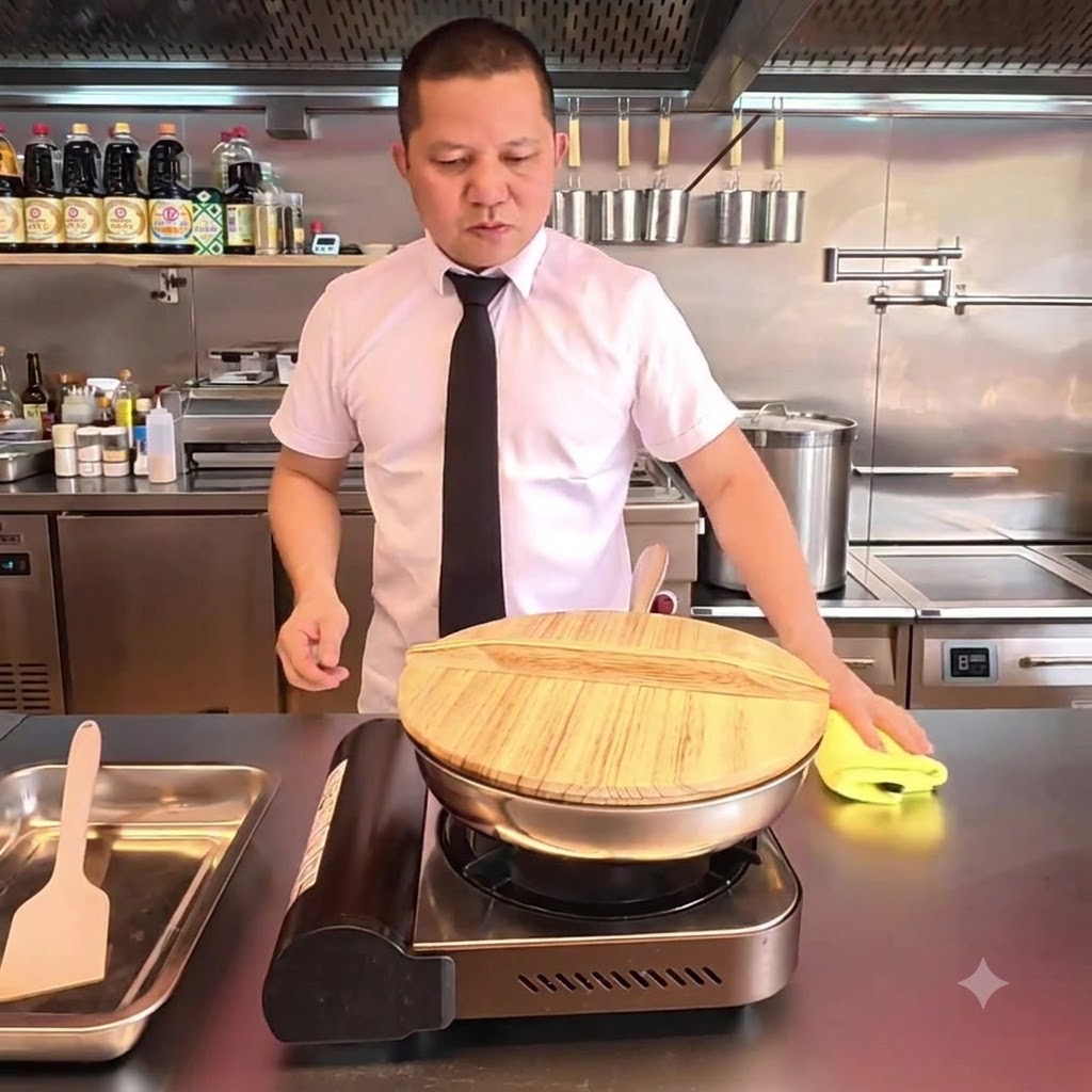 Un coperchio di legno posizionato sopra una padella contenente germogli di bambù cotti.
