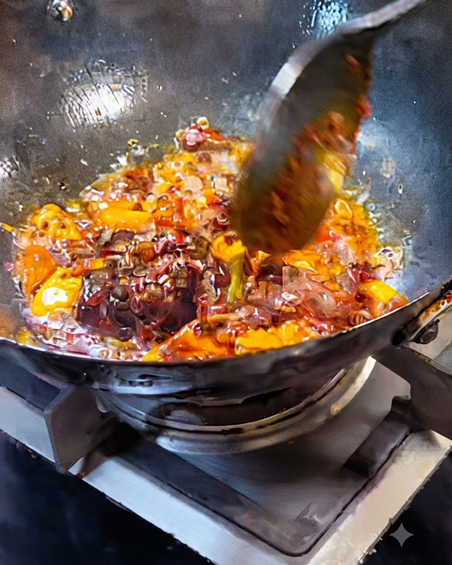 Pasta di fagioli piccante, condimento per hot pot e aromi che sfrigolano nellolio allinterno di un wok.