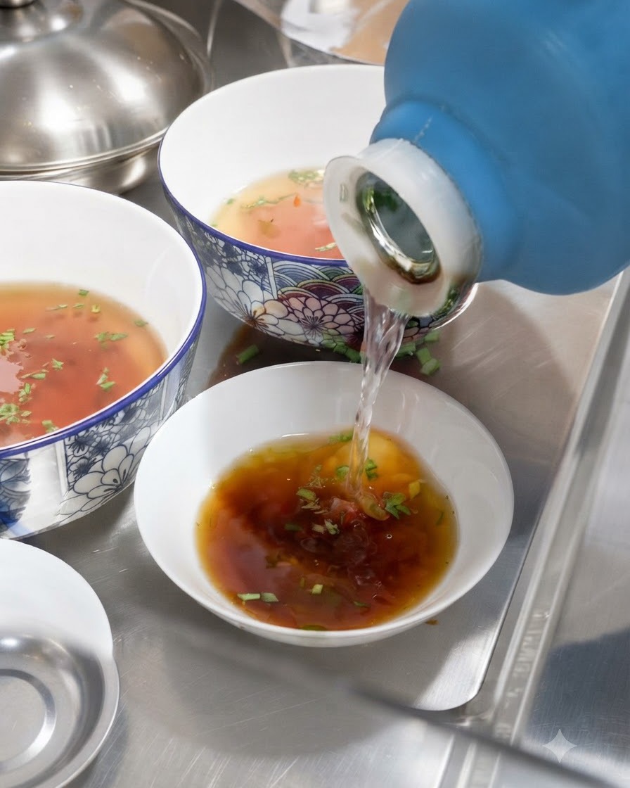 Acqua calda versata da un thermos blu in una ciotola bianca riempita con salsa di soia e cipollotti tritati.