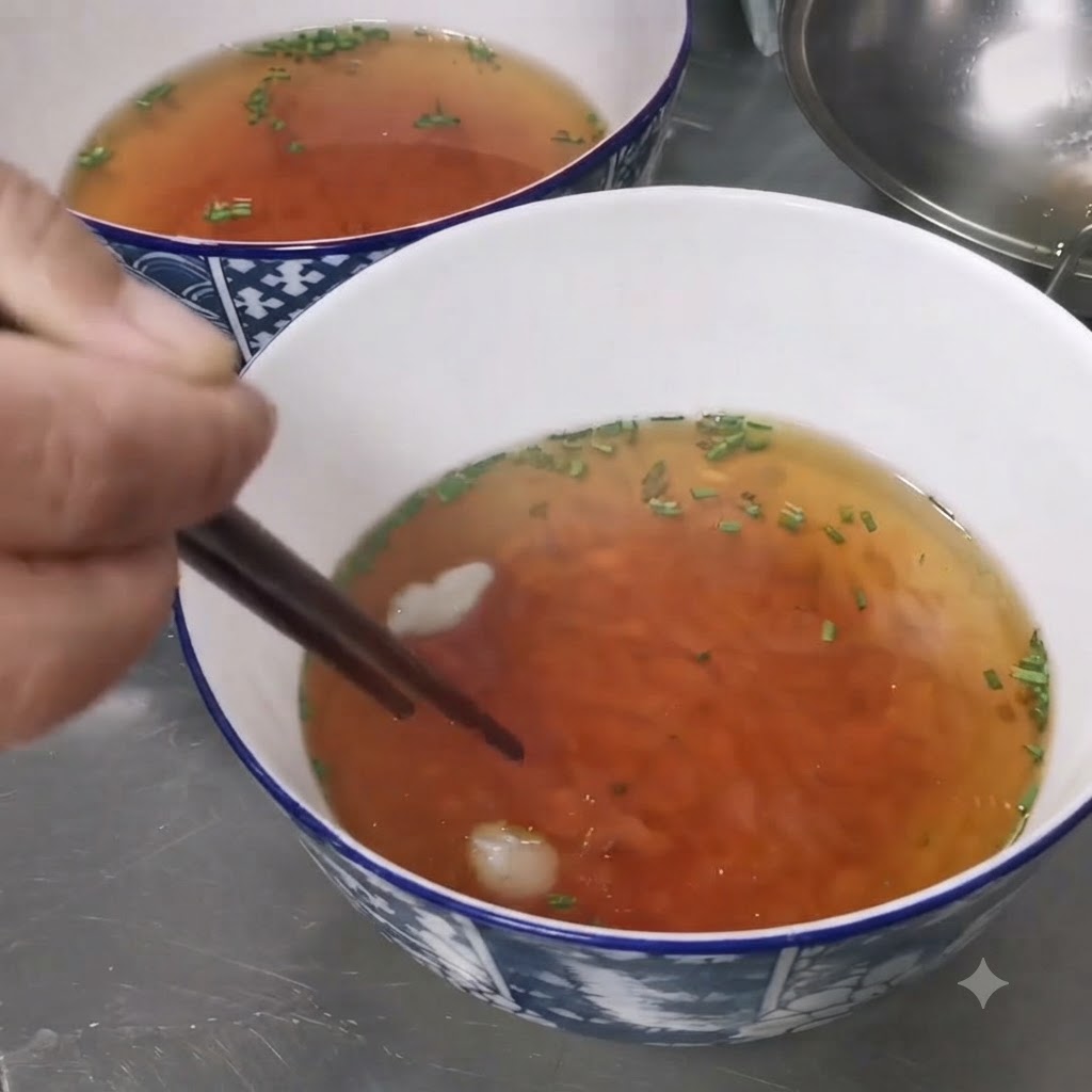 Un paio di bacchette che mettono un pezzo di strutto bianco in una ciotola di acqua calda condita.