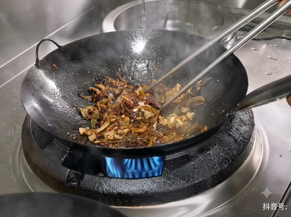 Acqua versata in un wok nero riempito con carne saltata e pezzi di germogli di bambù sopra una fiamma.