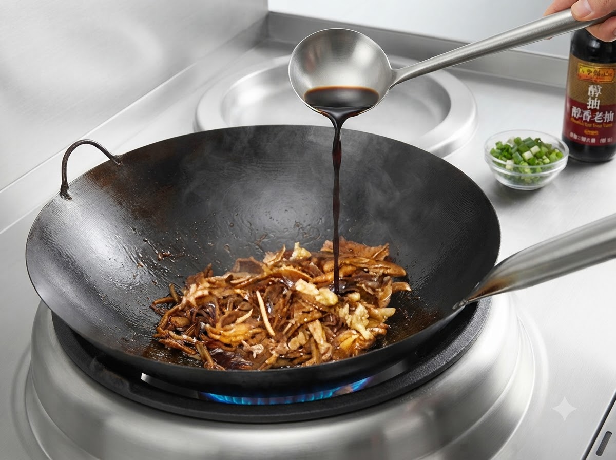 Salsa di soia scura versata da un mestolo di metallo in un wok con carne brasata e germogli di bambù.