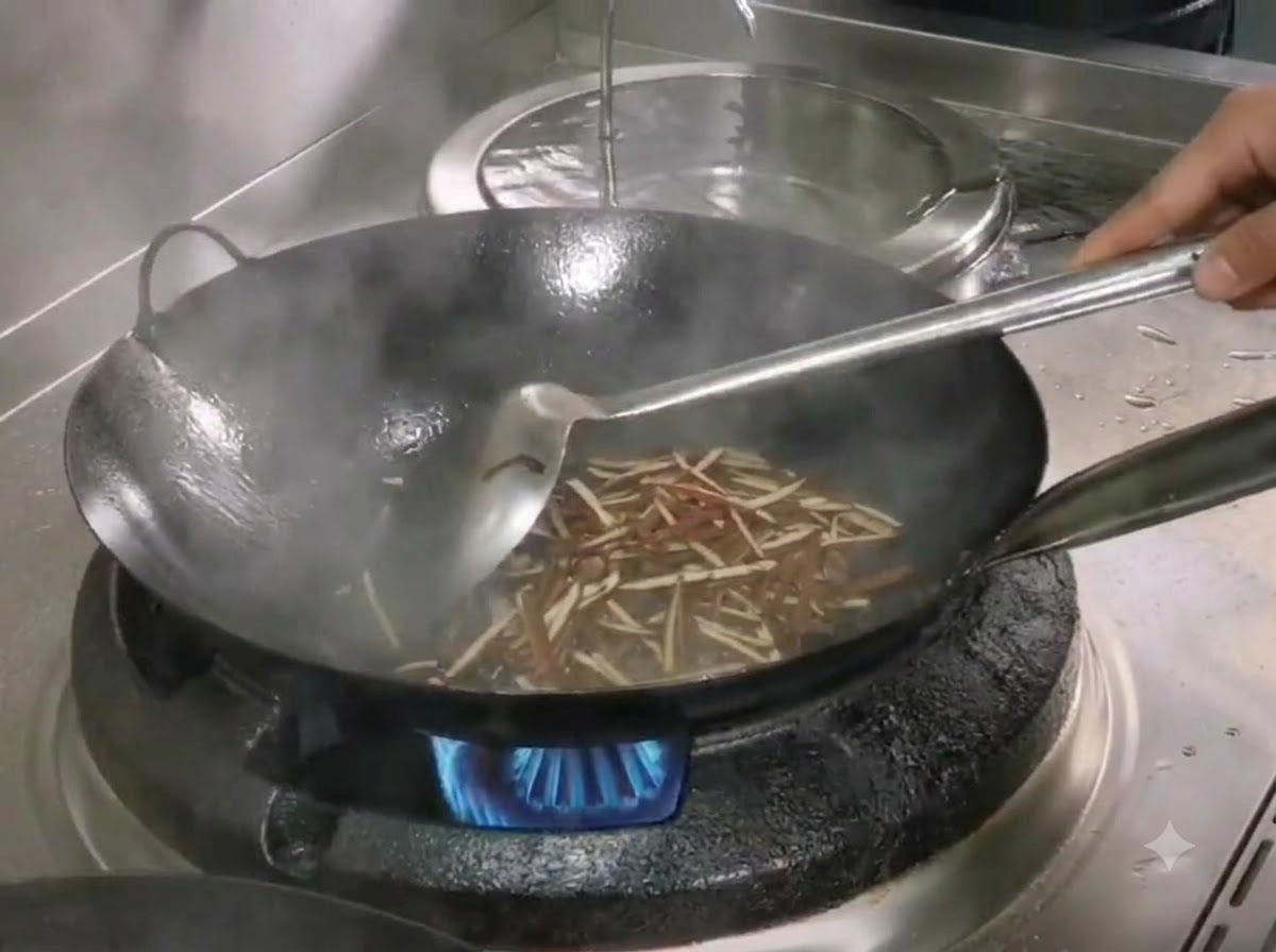 Strisce di germogli di bambù essiccati saltate in un wok nero usando una spatola di metallo.