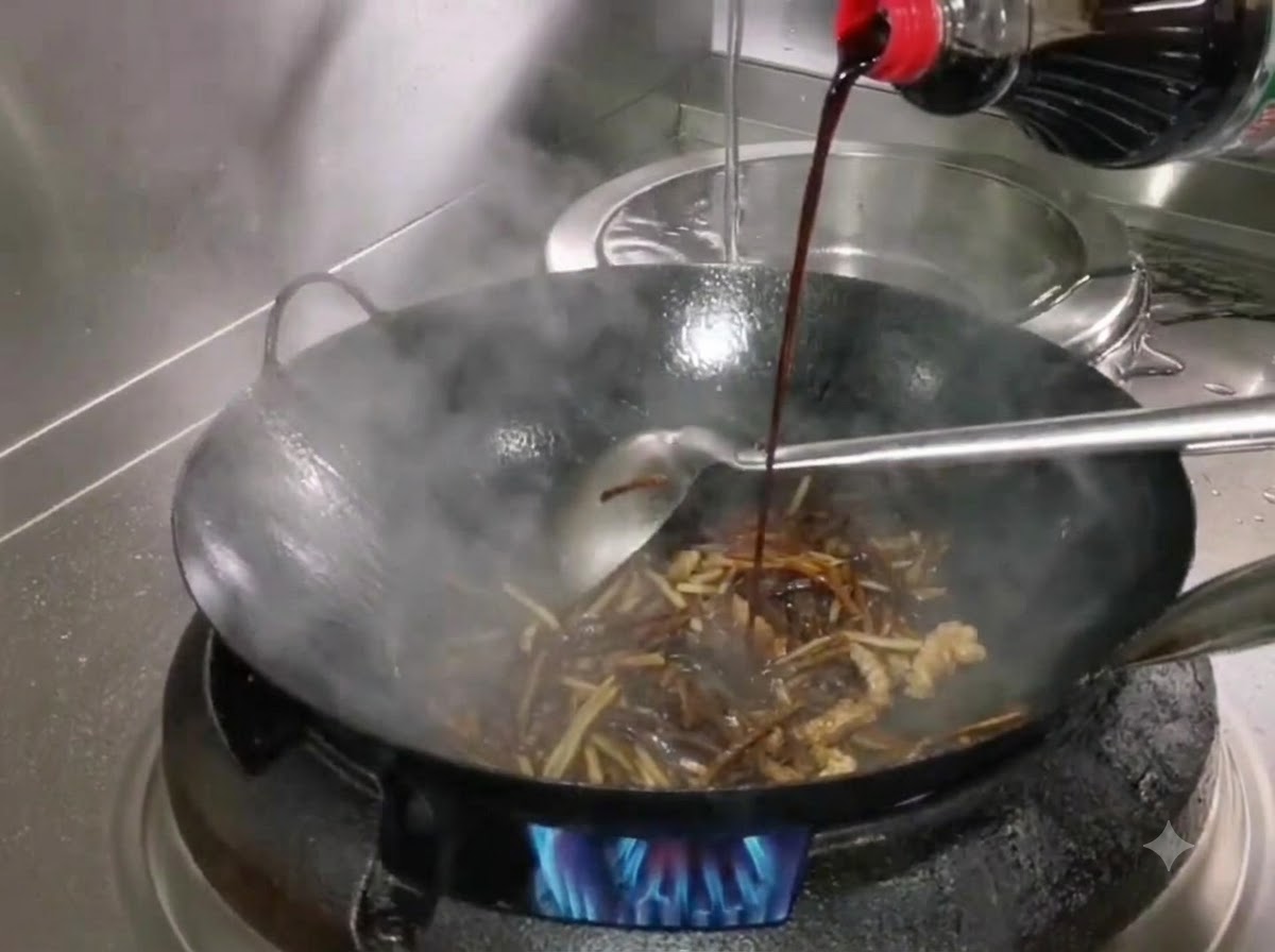 Salsa di soia chiara versata da una bottiglia in un wok fumante con germogli di bambù e carne.