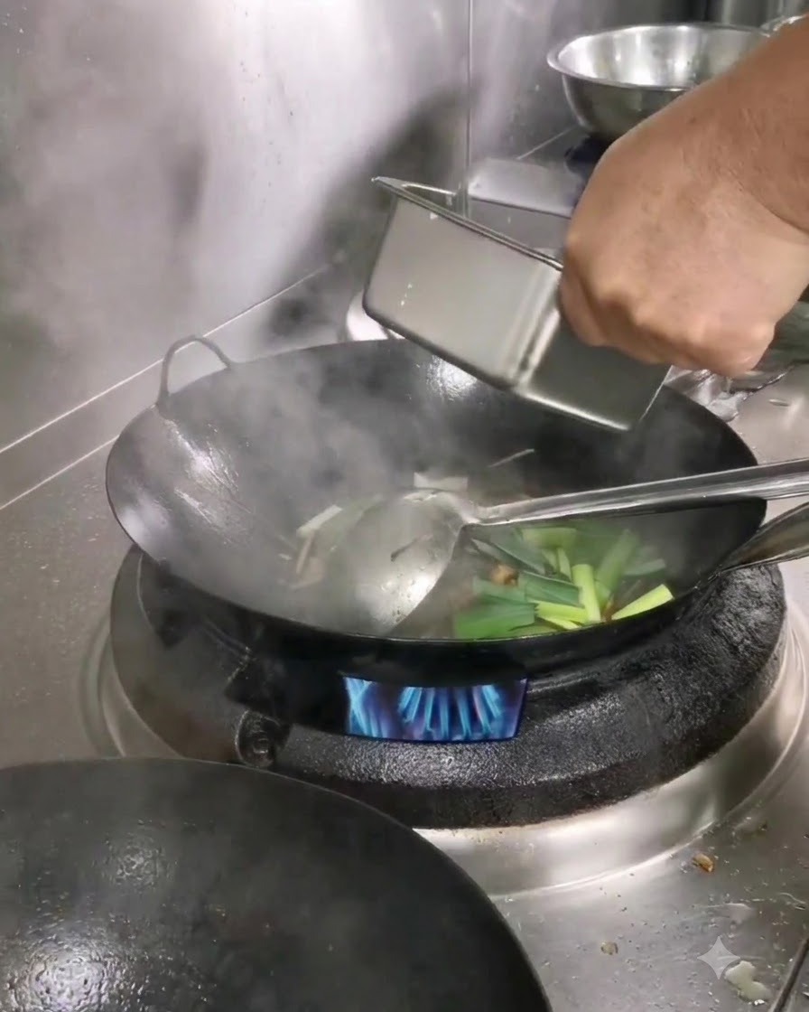 Amido dacqua versato da un piccolo contenitore nel wok per addensare la salsa.