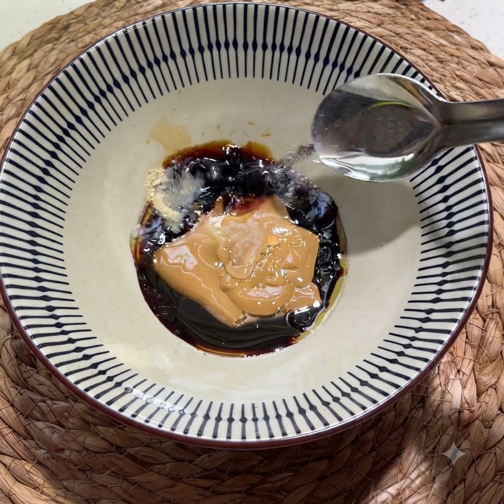 Acqua calda versata da un cucchiaio nella ciotola mentre gli ingredienti vengono mescolati in una pasta omogenea.