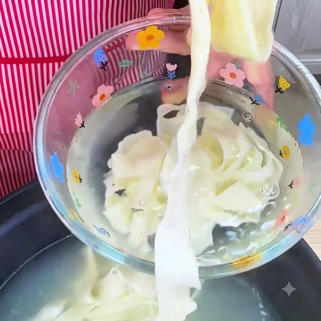 Noodles cotti sciacquati e raffreddati in una ciotola di acqua fredda.