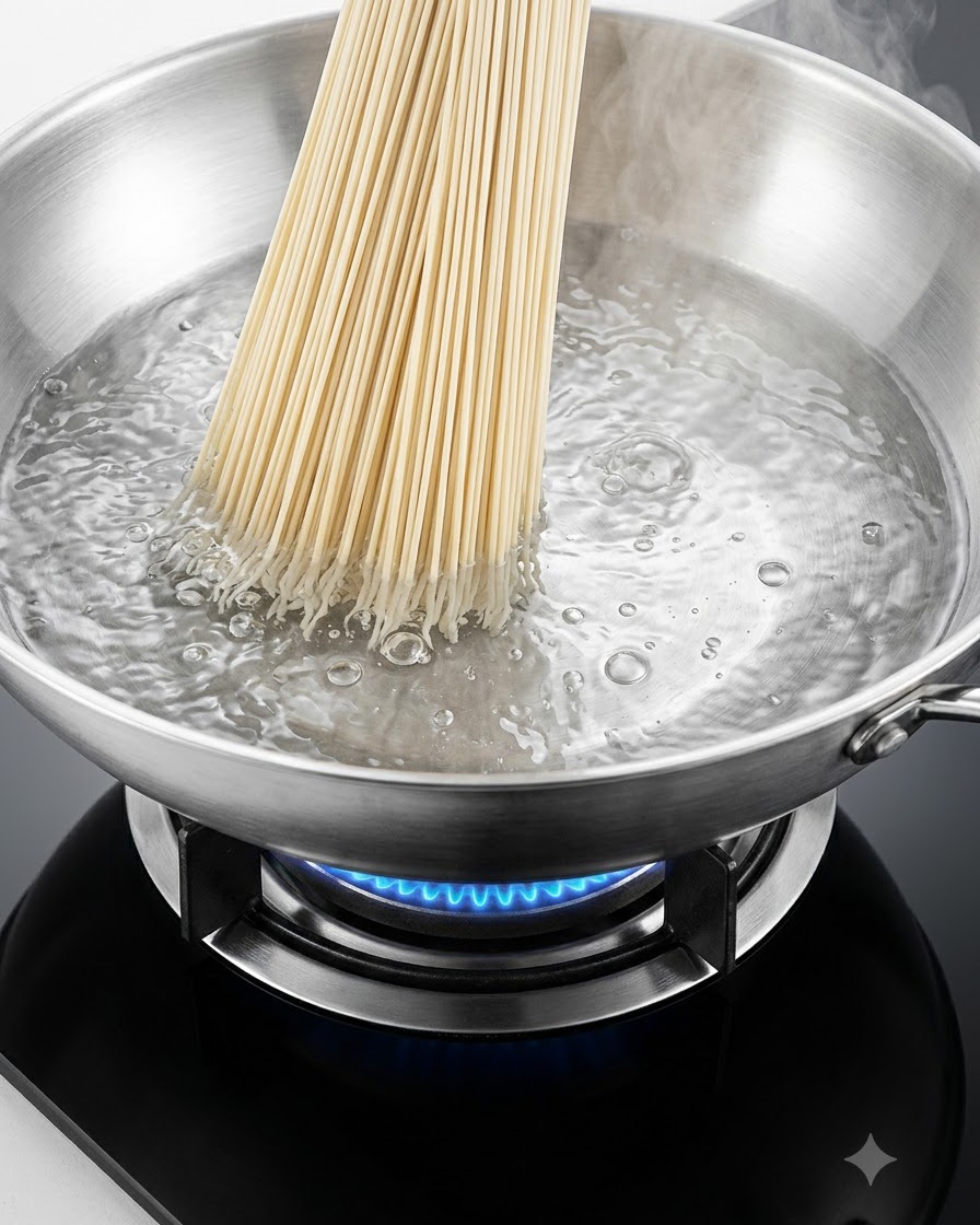 Un mazzo di noodles secchi e dritti immersi in una grande pentola di acciaio inossidabile con acqua bollente sui fornelli.