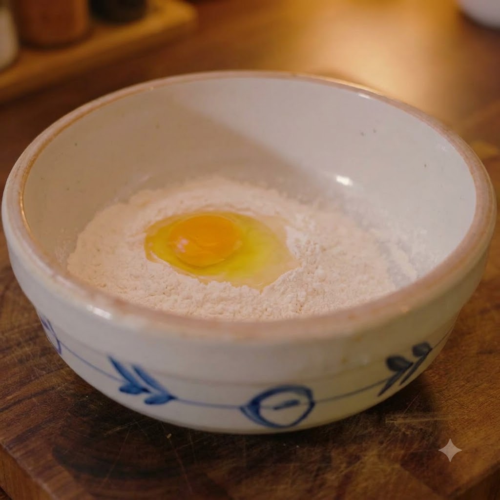 Un uovo crudo con il tuorlo intatto adagiato su un letto di farina bianca in una ciotola di ceramica.