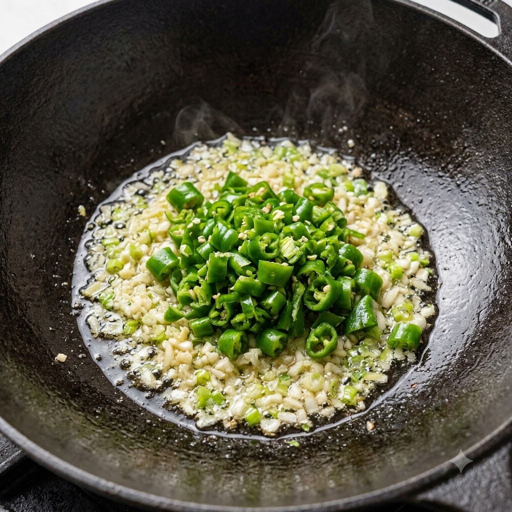 Peperoncini verdi, aglio e cipollotti finemente tritati sfrigolano nellolio caldo allinterno di un wok in ghisa nera.