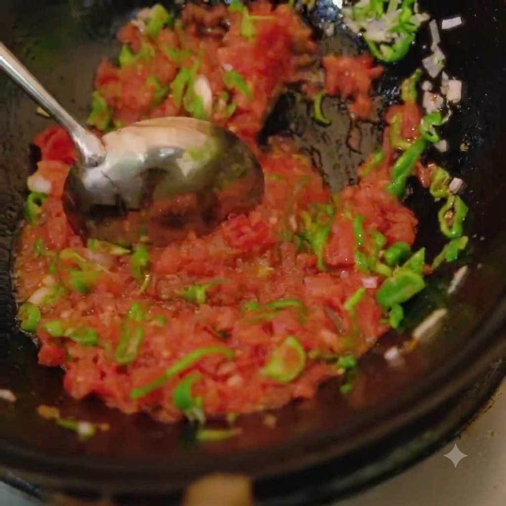 Un cucchiaio di metallo mescola i pomodori a dadini nel composto di peperoncino verde e aglio allinterno del wok.
