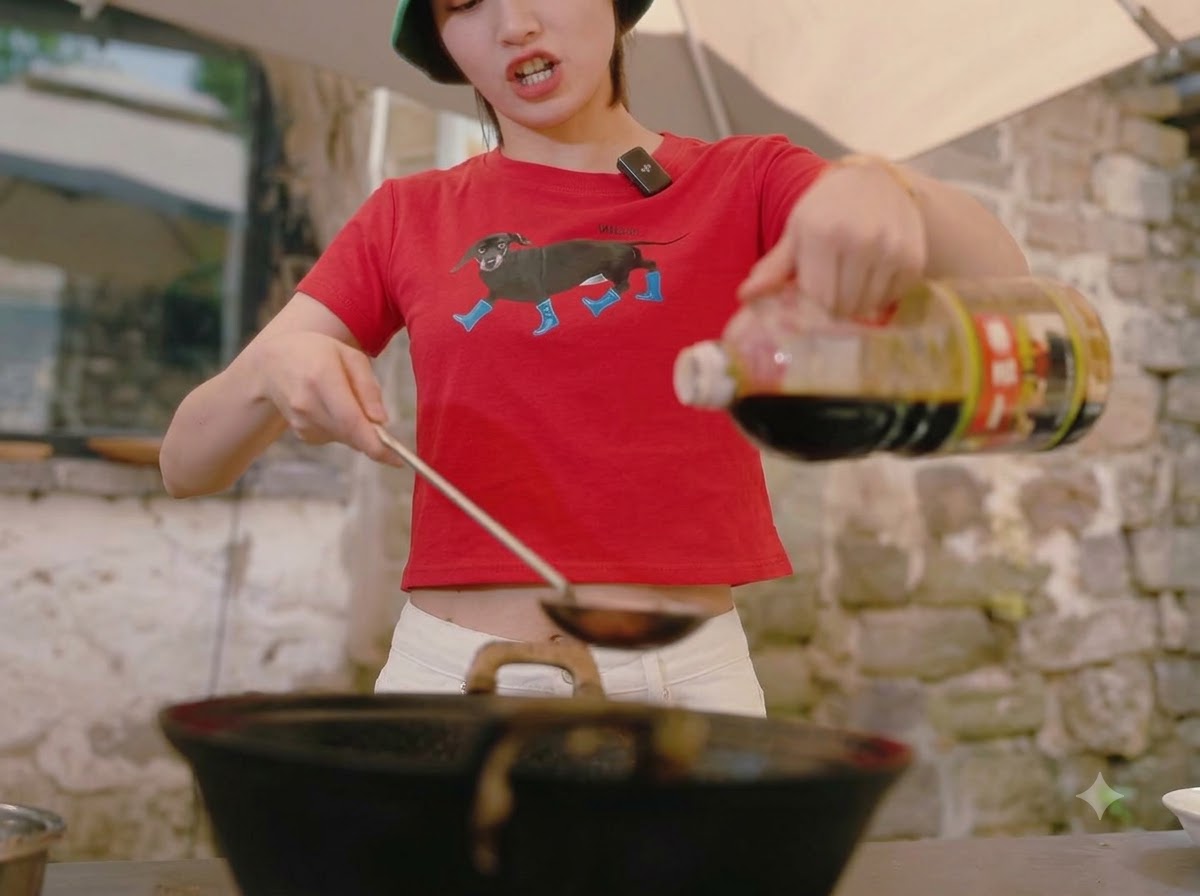 Una persona versa della salsa di soia chiara da una bottiglia in un wok fumante contenente salsa di pomodoro.