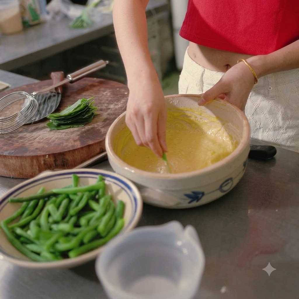 Una mano usa un piccolo utensile per rivestire un fagiolino di pastella allinterno di una ciotola di ceramica, con una ciotola di fagiolini cotti nelle vicinanze.