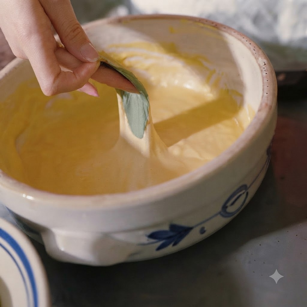 Una mano immerge una singola foglia verde in una ciotola di ceramica piena di pastella giallastra.