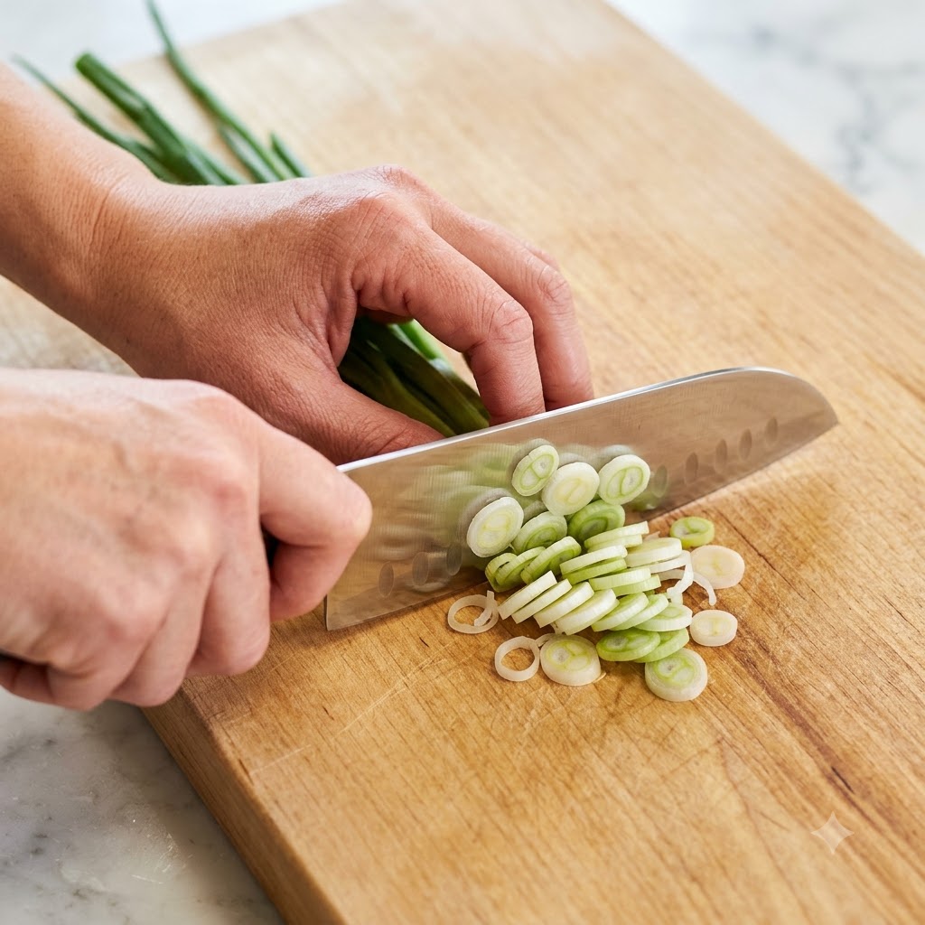 Cipollotti verdi tagliati a rondelle su un tagliere di legno con un coltello da cucina.