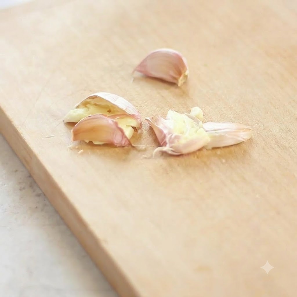 Spicchi daglio freschi su un tagliere di legno, parzialmente schiacciati e pronti per essere tritati.
