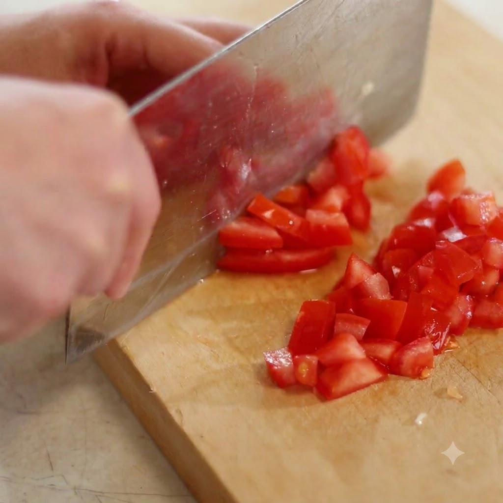 Un pomodoro rosso affettato e tagliato a cubetti con un grosso coltello da cucina su un tagliere di legno.