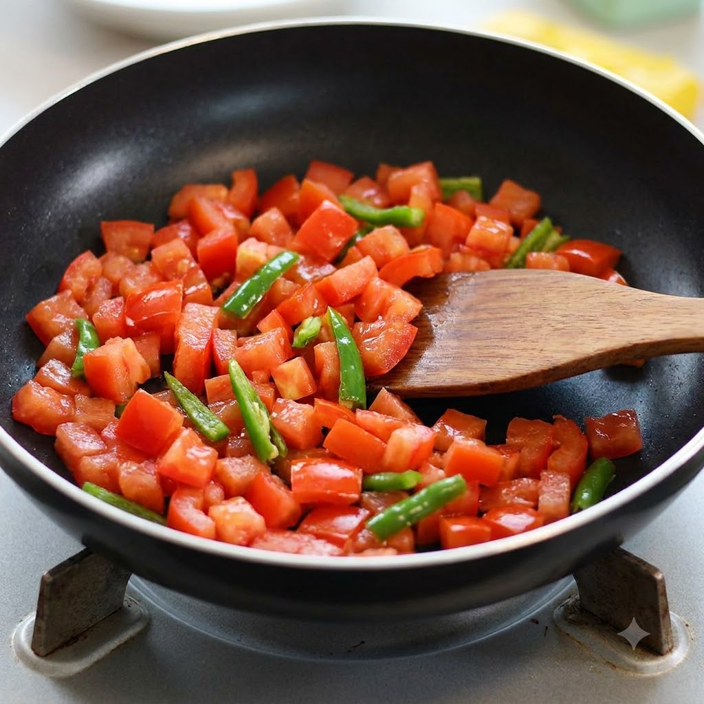Pomodori e peperoncini verdi saltati in padella nera con una spatola di legno.