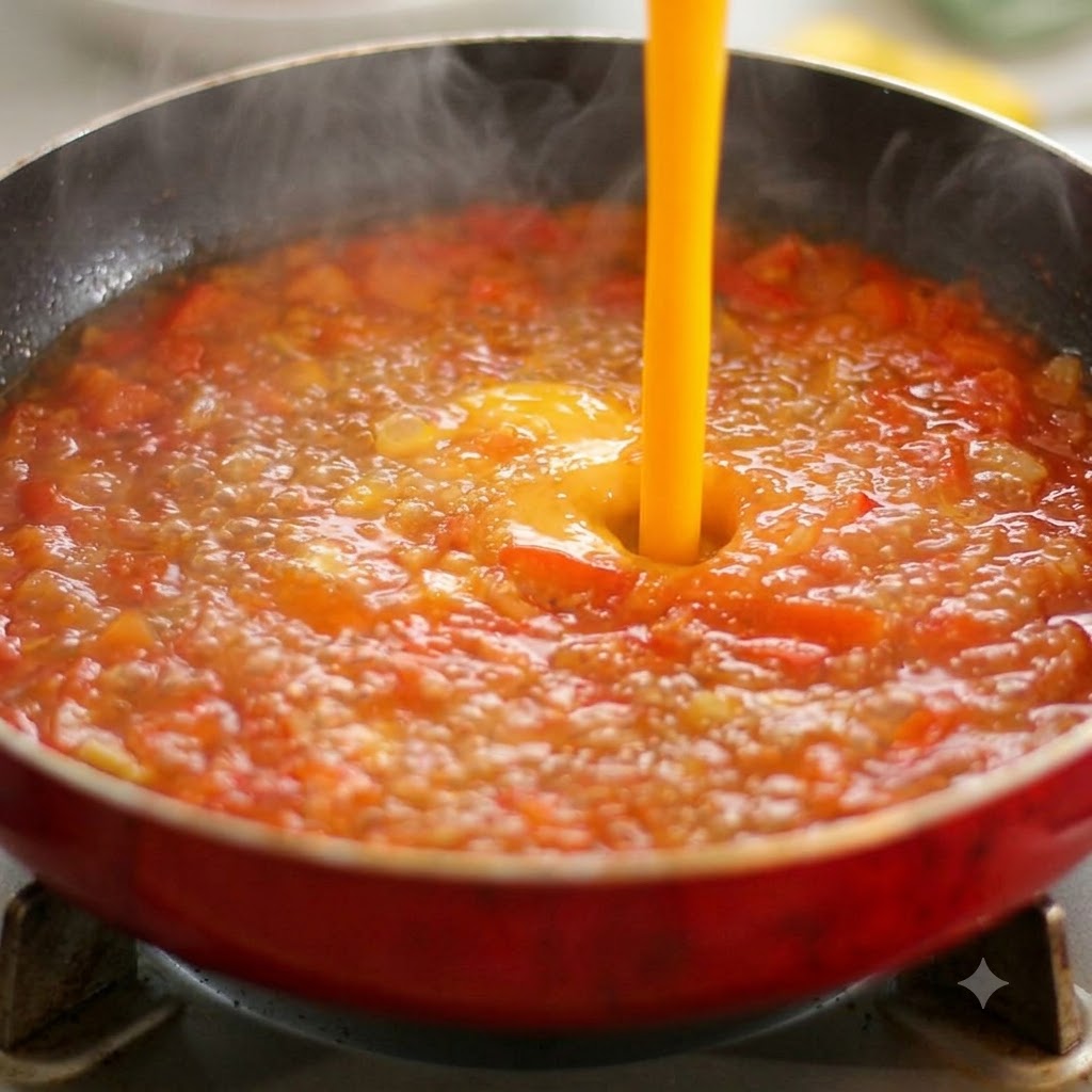 Acqua versata dallalto in una padella rossa e ribollente di pomodori cotti.