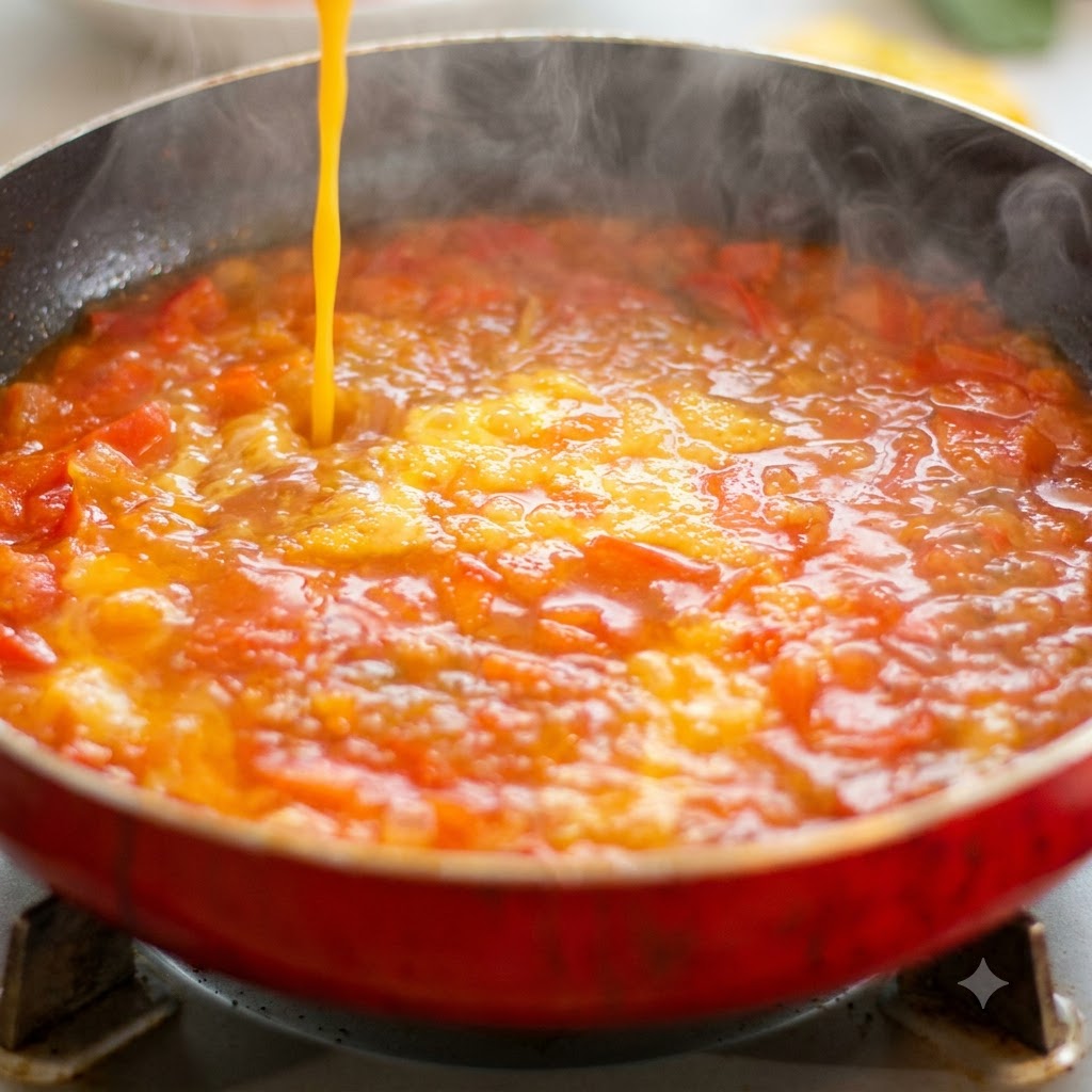 Liquido di uova sbattute versato nella base di zuppa di pomodoro bollente.