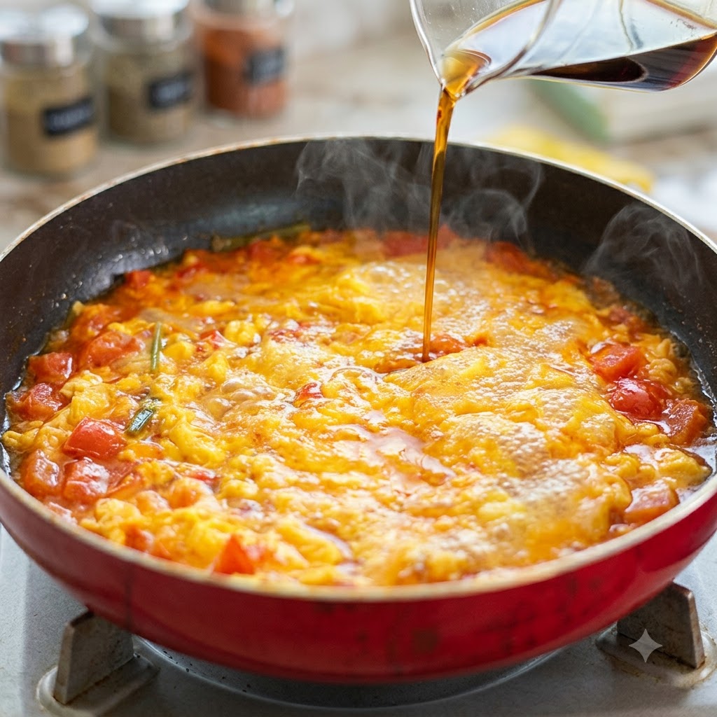 Salsa di soia chiara versata da un misurino di vetro nella padella di pomodori e uova in ebollizione.