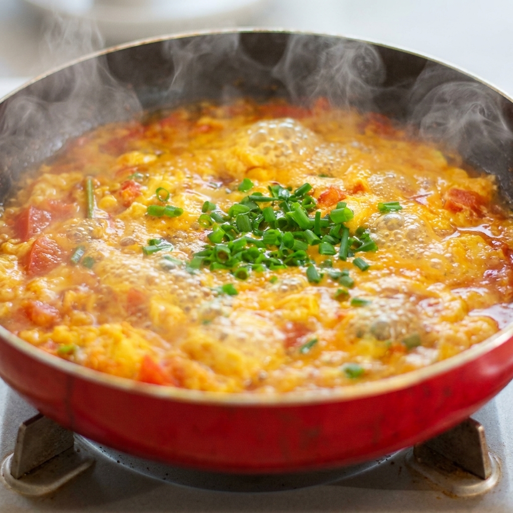 Cipollotti verdi freschi tritati sparsi sulla zuppa bollente nella padella.