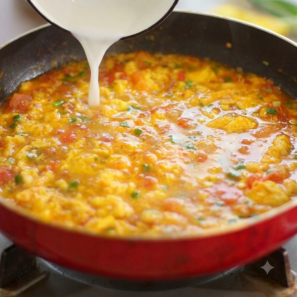 Amido dacqua versato da una ciotola bianca nella padella bollente per addensare la salsa.