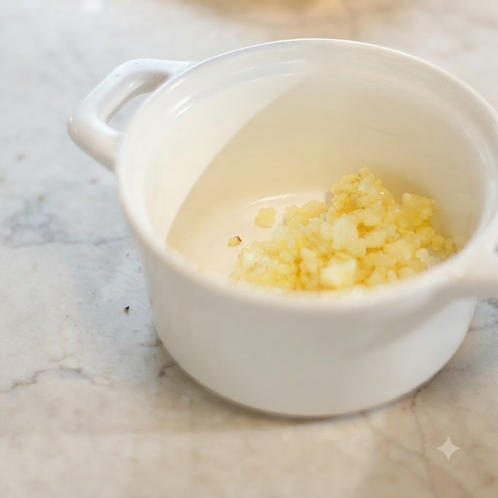 Aglio tritato in una piccola ciotola di ceramica bianca su un piano di marmo.