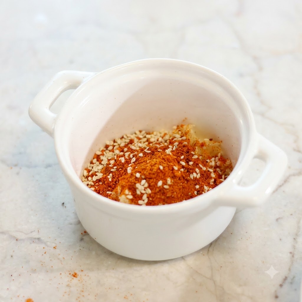 Primo piano di peperoncino in polvere tostato e semi di sesamo bianco stratificati sullaglio tritato in una ciotola bianca.