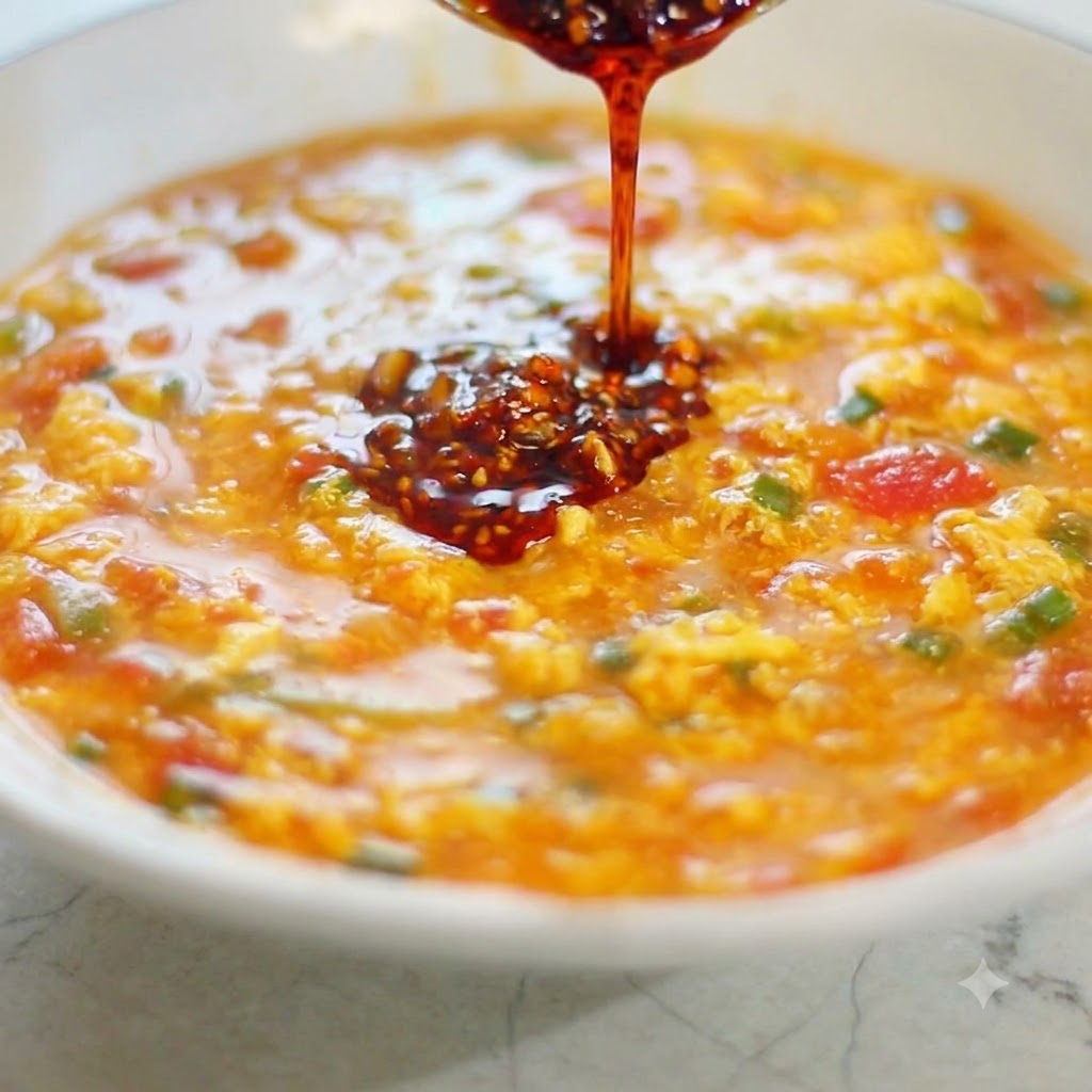 Olio al peperoncino scuro e aromatico prelevato con un cucchiaio e versato in una vibrante salsa di pomodoro e uova.