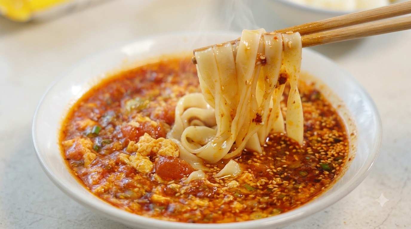 Primo piano di noodles larghi sollevati con le bacche sopra una ciotola di ricca salsa di pomodoro e uova, completata con olio al peperoncino e semi di sesamo.