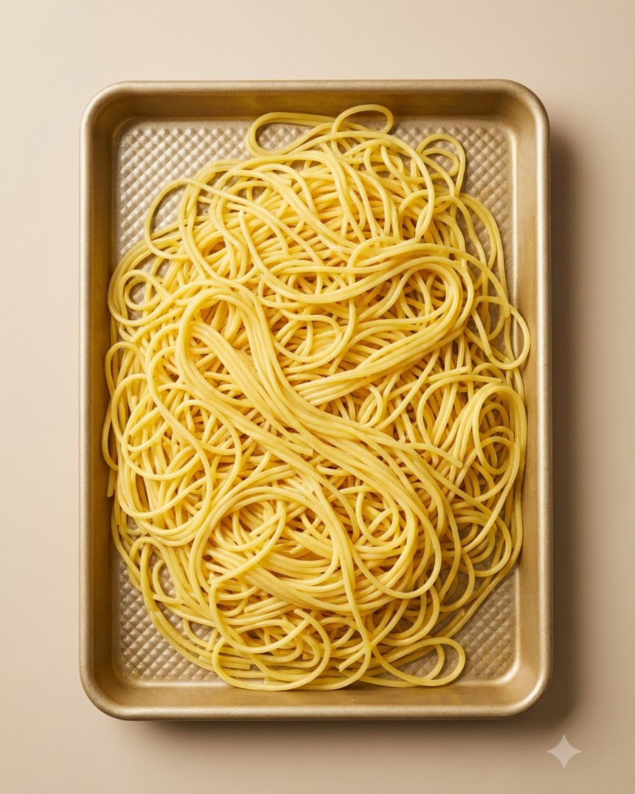 Noodles cotti simili a spaghetti disposti su una teglia dorata dopo essere stati scolati.