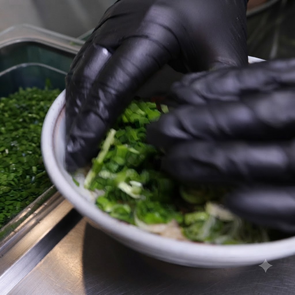 Mani guantate che sistemano pezzi di alga scura nella ciotola di noodles e cipollotti.