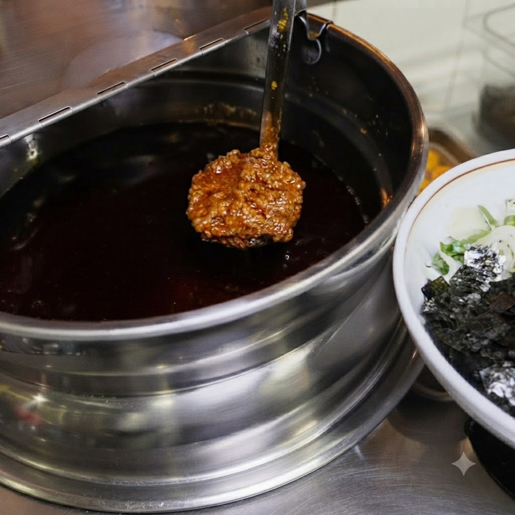 Un mestolo che contiene una grande porzione di saporita salsa di carne macinata sospesa sopra una pentola, accanto a una ciotola di noodles.