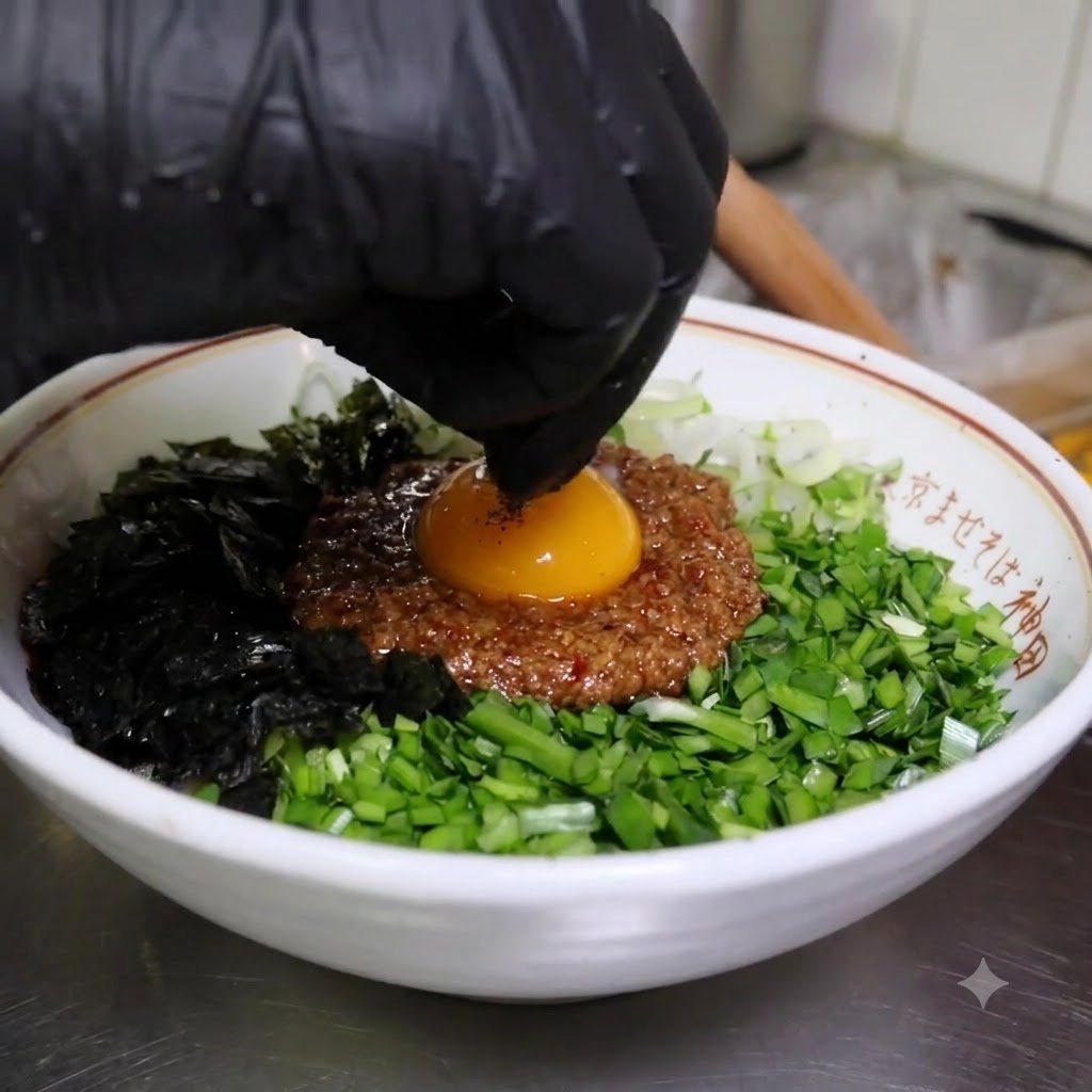 Fette di maiale arrosto e metà di uova sode disposte ordinatamente nella ciotola di noodles.