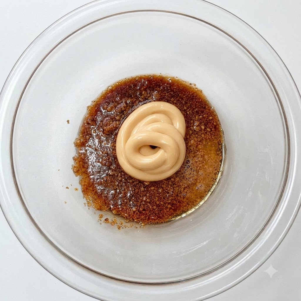 Il gochujang viene aggiunto al composto di salsa nella ciotola.