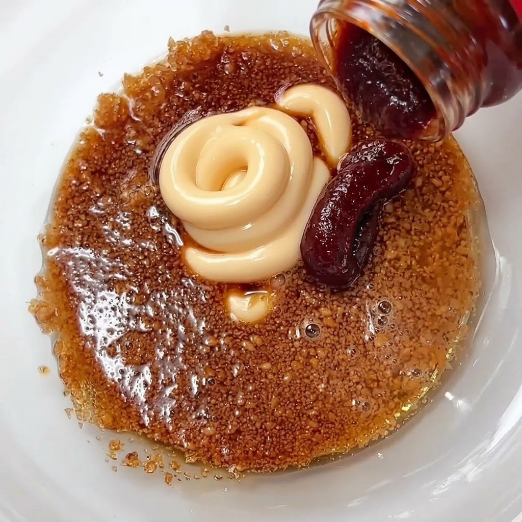 Maionese e pasta di gochujang sopra lo zucchero e il composto di salsa allinterno di una ciotola di vetro.