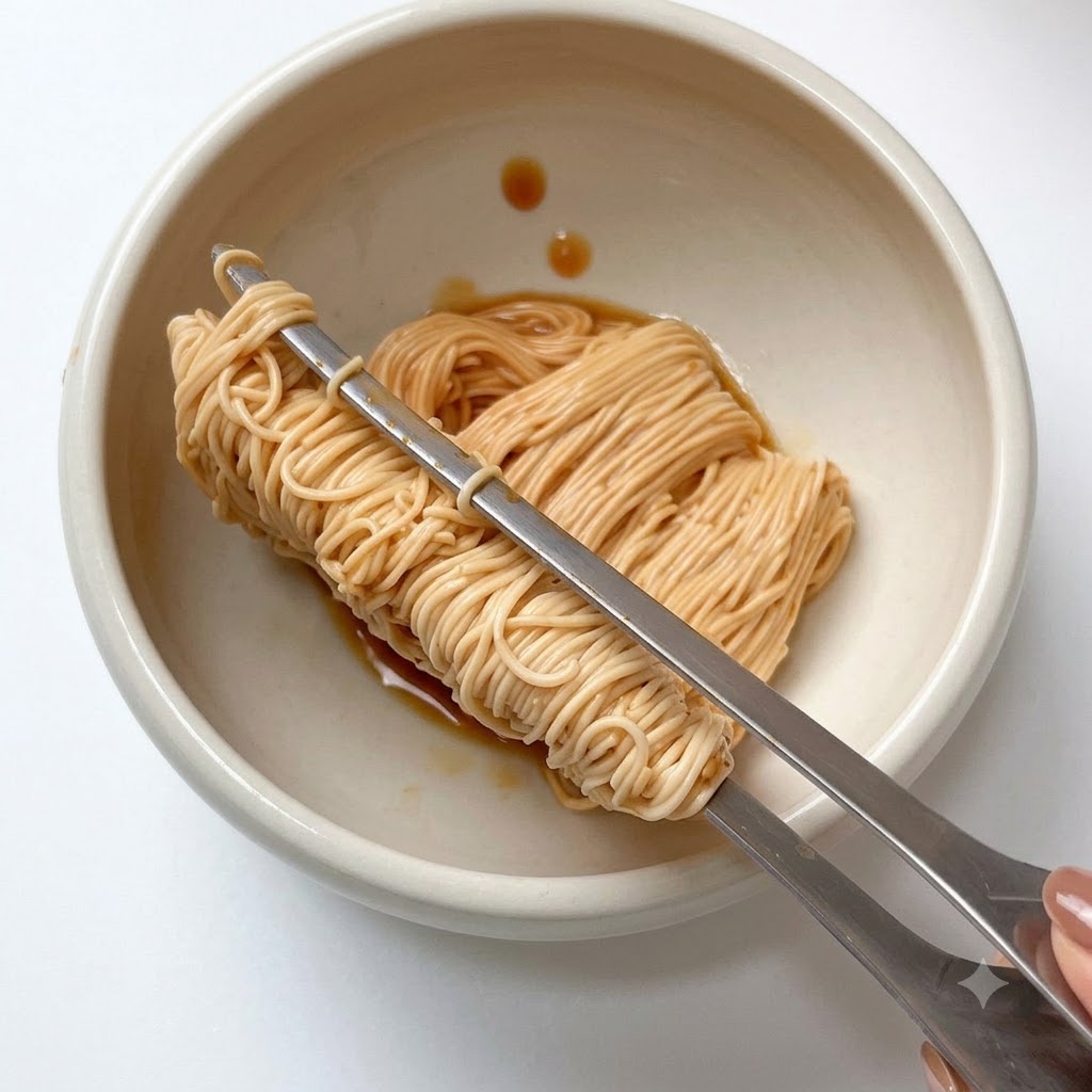 Una porzione di noodle conditi viene sollevata con pinze di metallo sopra una ciotola da portata di ceramica bianca.