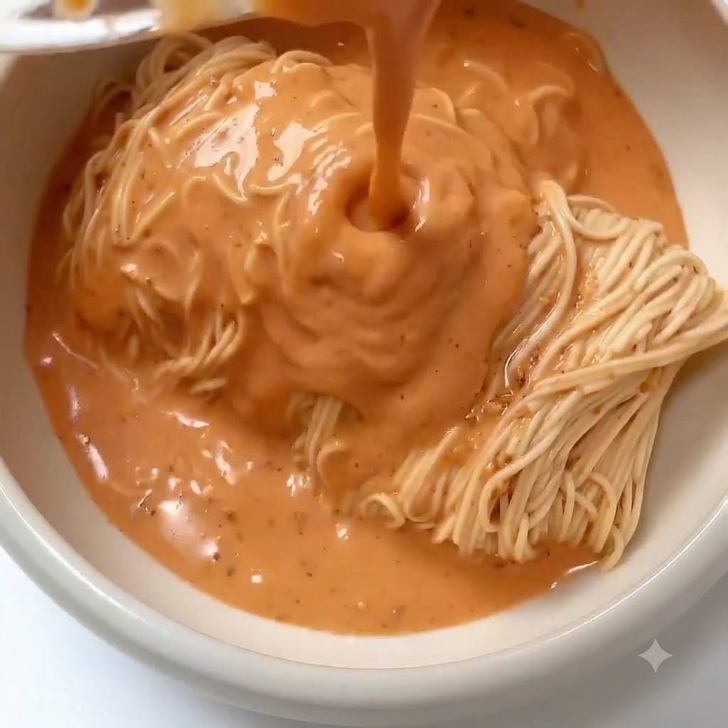 Salsa liscia, cremosa e rossastra che viene versata dallalto sui noodle allinterno di una ciotola da portata.