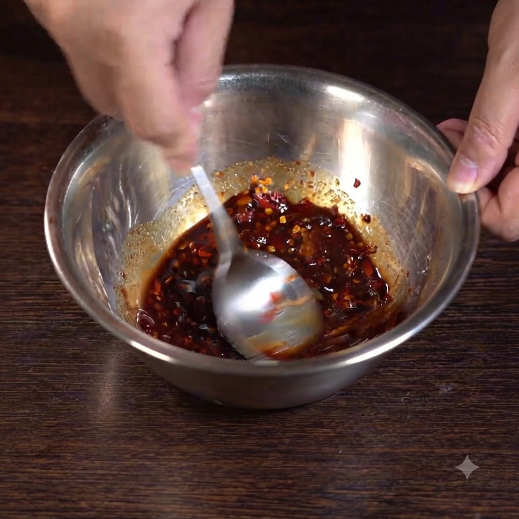 Un cucchiaio che mescola gli ingredienti della salsa insieme allinterno di una ciotola di acciaio inossidabile.