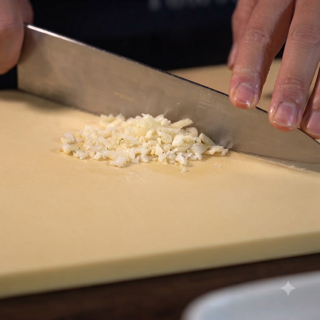 Una persona che taglia spicchi daglio su un tagliere con un coltello.