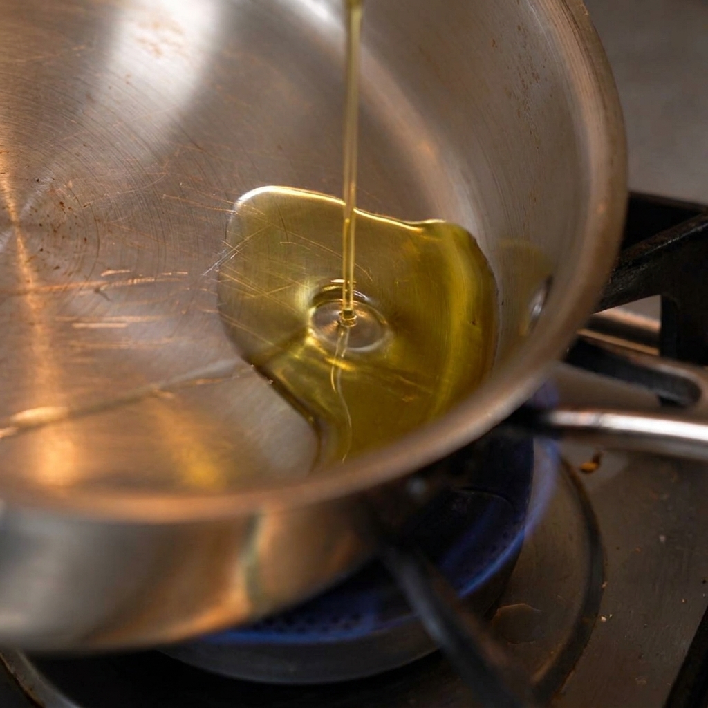 Aglio che frigge in olio caldo in una padella di acciaio inossidabile.
