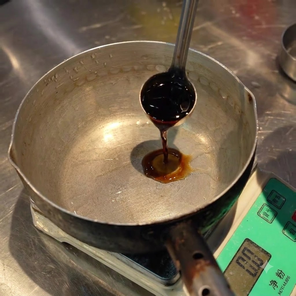 Salsa di soia versata in una piccola pentola di metallo poggiata su una bilancia da cucina.