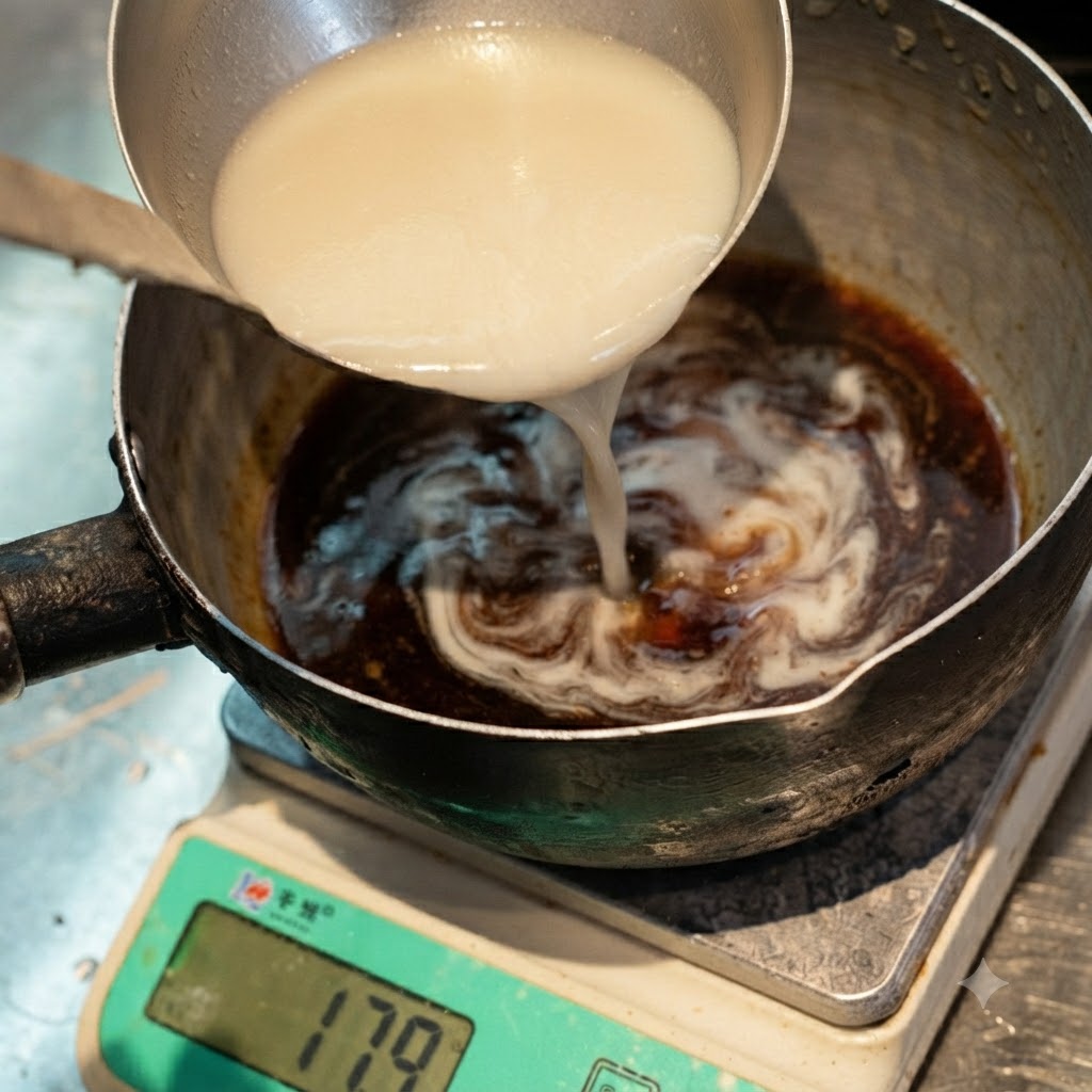 Brodo di ossa aggiunto alla pentola condita per mezzo di un mestolo.