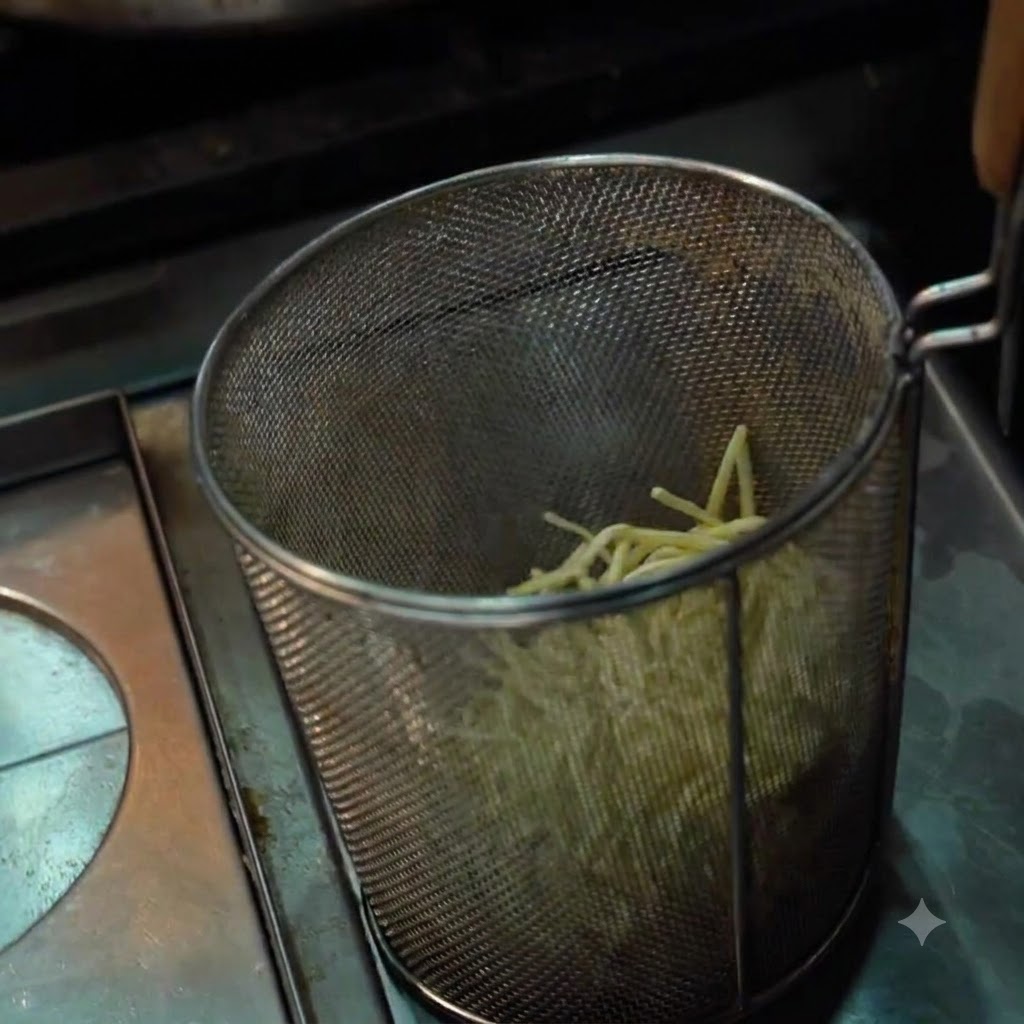 Noodles disposti allinterno di un cestello scolapasta in metallo pronti per essere scaldati.