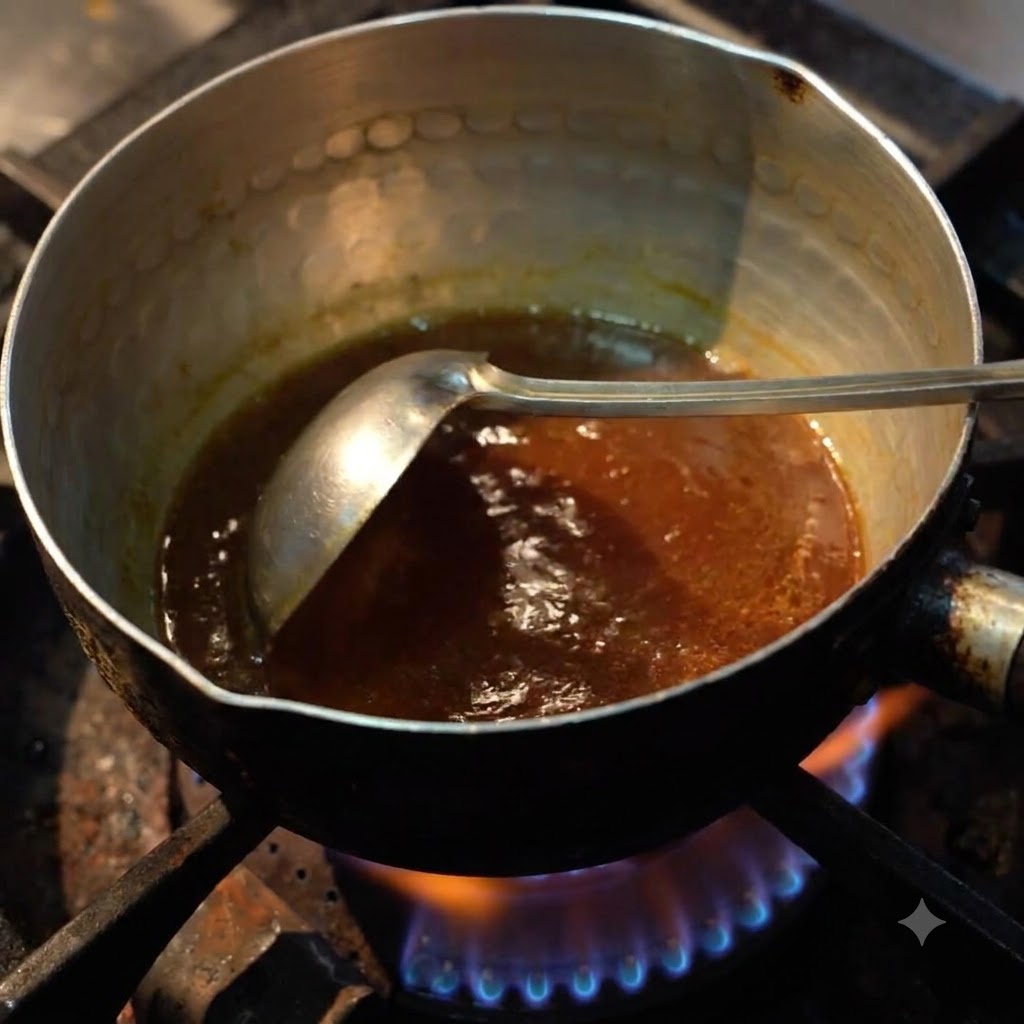 Succo di zuppa versato con un mestolo in una ciotola di ceramica.